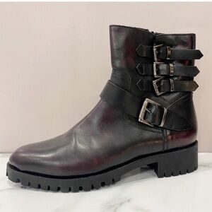 NWOB Italian Napoleoni oxblood maroon 4 buckle zipup combat boots Euro Size 40